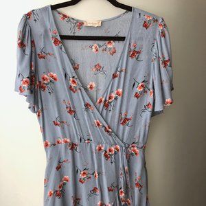 Blue and Floral Tie Front Ruffle Dress